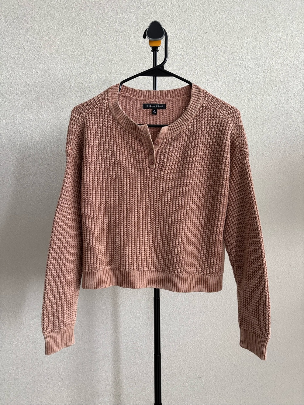 Kendall & Kylie Waffle Knit Henley Sweater Pink Brown Long Sleeve Size S